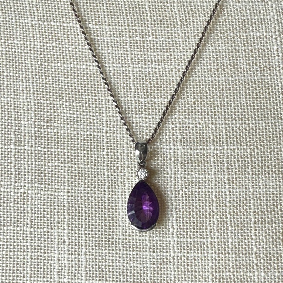 • Sterling Silver • Pear Cut Amethyst Pendant Necklace with Accent Stone - Picture 1 of 14